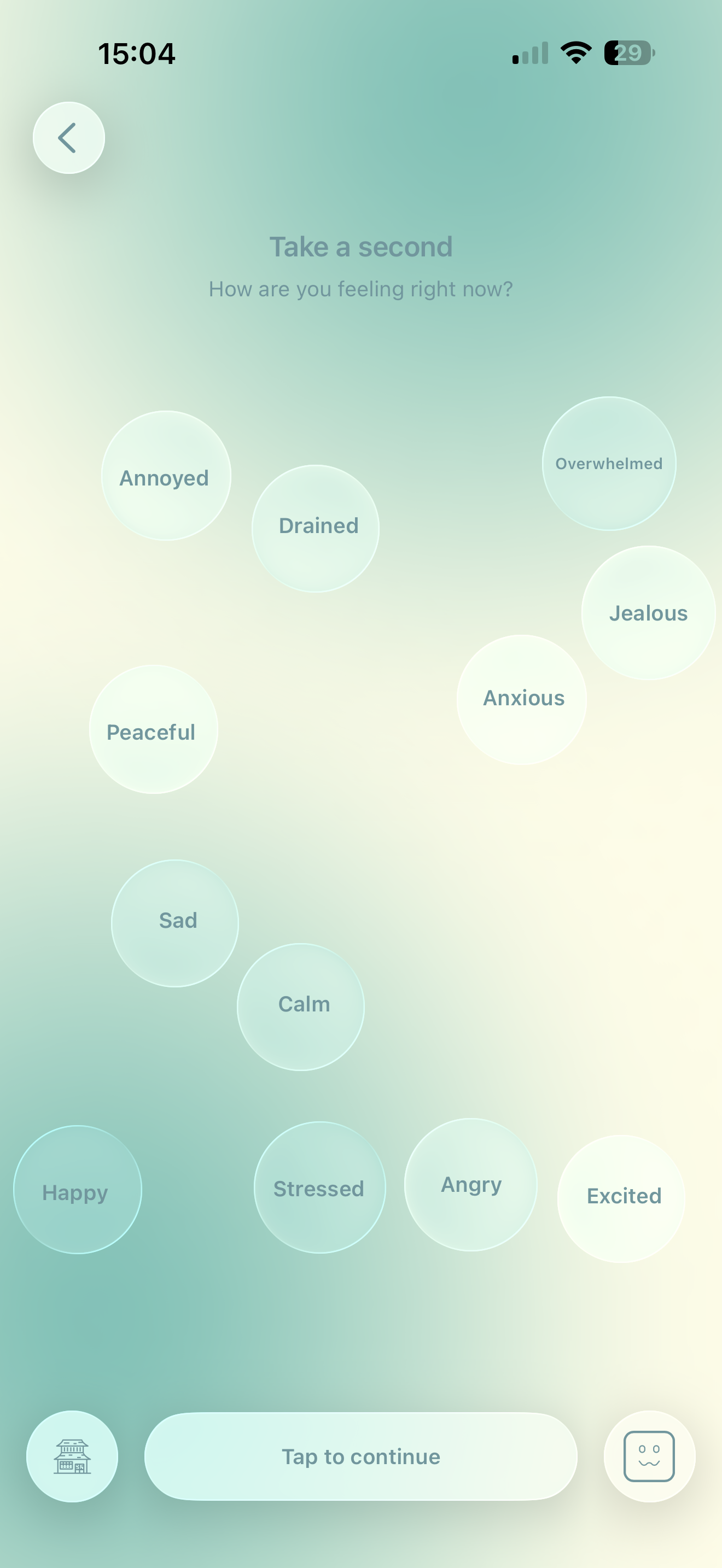 Emotion check-in with floating feeling bubbles