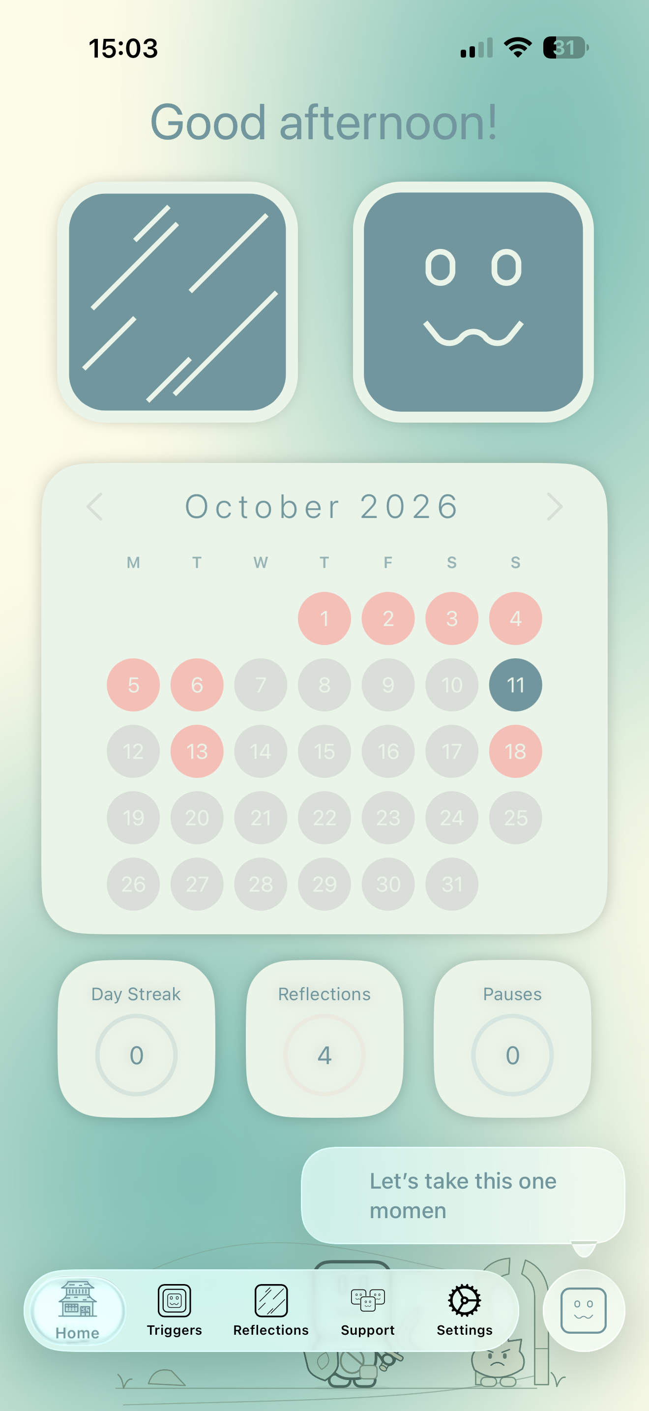 Triggers home screen with a reflection calendar, daily stats, and mascot