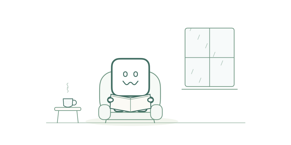 Triggers mascot reading as rain falls outside and steam rises from tea