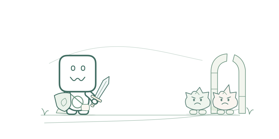 Triggers’ smiling mascot on a little adventure, carrying a shield and sword